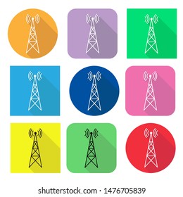Icon set with transmitter, repeater and receiver mast on square and round color background, long shadow,