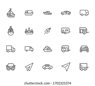 Icon set of transportation. Editable vector pictograms isolated on a white background. Trendy outline symbols for mobile apps and website design. Premium pack of icons in trendy line style.