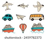 Icon set of transportation hand drawn vector doodles in flat style for summer vacation travel. Vehicle hand drawn icons.