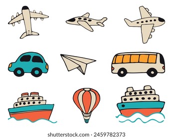 Conjunto de iconos de transporte dibujado a mano garabatos de Vector en estilo plano para viajes de vacaciones de verano. Iconos dibujados a mano del vehículo.