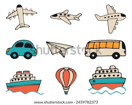 Icon set of transportation hand drawn vector doodles in flat style for summer vacation travel. Vehicle hand drawn icons.