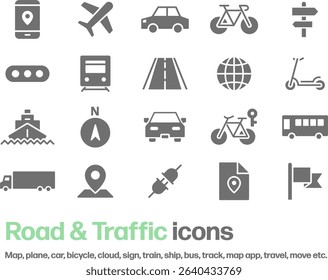 Icon set of transportation, travel, transportation, car, plane, train, etc.