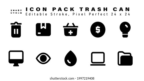 Icon Set von Müll kann Glyph-Symbole. Enthält Symbole wie Light Bulb, Monitor, View, Drop etc. Bearbeitbare Stroke. 24 x 24 Pixel perfekt