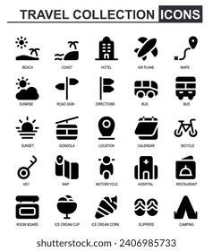 icon set travel .black solid.contains building,aircraft,airplane,map,location,sunrise,Street sign,direction,calendar,scooter,hospital,flip flops,tent,camper,stay,camping,bus.ditable stroke.