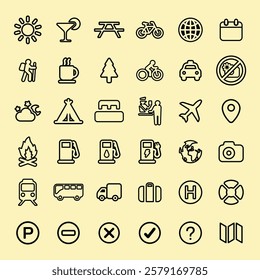 Icon set with travel, camping, and transportation symbols. Includes sun, bike, plane, and camping icons. Perfect for travel and camping themes. User interface icon vector set.