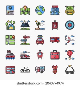 Icon Set of Travel. Filled Outline color icons vector. Contains such of passport, world, transportation, map location, tent, beach, mountain, compass and more. You can use for web, app and more.