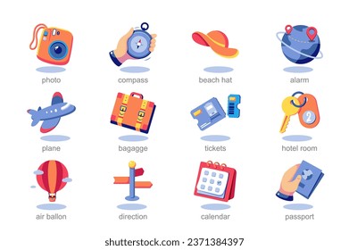Icon-Set Reise in flachem Cartoon-Design. Mit seinen attraktiven Globus- und Erkundungsgeräten eignet sich dieses Werk ideal für Reisebroschüren, Medienposten oder Urlaubswerbung. Vektorgrafik.