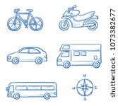 Icon set travel holidays, vacation with car, motor cycle, bike, bus, trailer, caravan and globe Hand drawn doodle vector illustration.