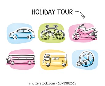 Icon set travel holidays, vacation with car, motor cycle, bike, bus, trailer, caravan and globe. Hand drawn cartoon sketch vector illustration, marker style coloring on tiles.