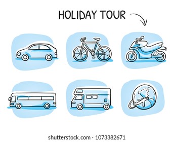 Fiesta de iconos de viaje, vacaciones con camión, motocicleta, bicicleta, bus, remolque, caravana y globo. Dibujo de dibujos a mano ilustración vectorial, coloreado estilo marcador en azulejos azules.