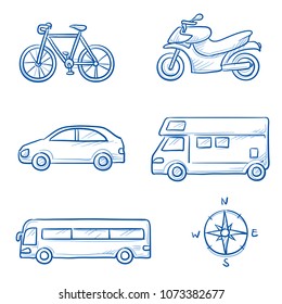 Icon set travel holidays, vacation with car, motor cycle, bike, bus, trailer, caravan and globe Hand drawn doodle vector illustration.