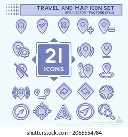 Icon Set Travel and Map - Two Tone Style - Einfache Illustration, bearbeitbarer Strich, Design Template Vektor, Gut für Drucke, Plakate, Anzeigen, Ankündigungen, Infografiken, etc.
