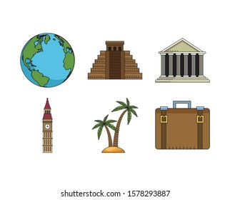icon set of travel and monuments of the world over white background, colorful design , vector illustration