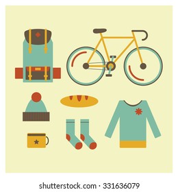 Icon set of travel outdoor objects, bag, bike, hat, socks, sweater, bread, cup. Tourism and holiday journey equipment. Flat design  modern travel illustration