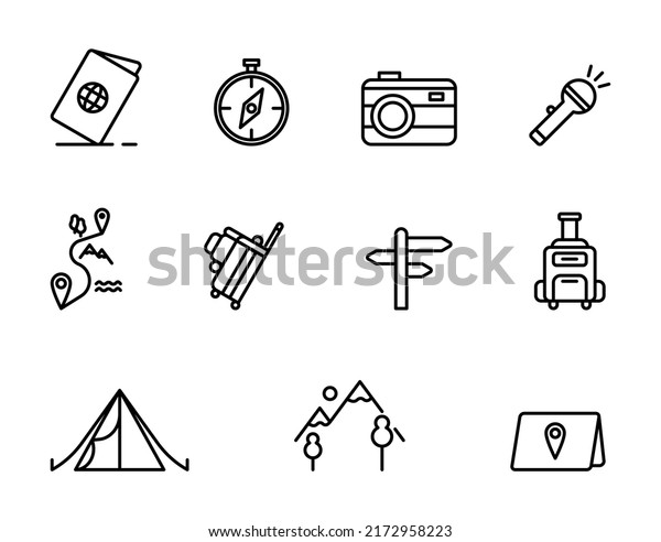 Icon Set of Travel. Simple and\
Minimalist Line. Easy to use. I con of Compass, Maps, Location and\
Everything About Travel. Let\'s Make Your Design\
Easier.