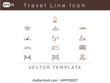 Icon Set Travel, Tent, Bridge, Cave, Beach, Map, Bonfire For Website, Infographic Element. Vector Illustration