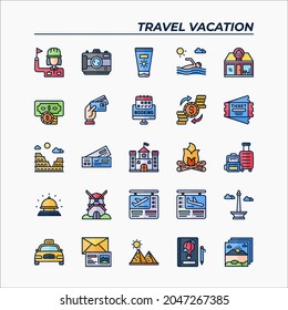 Icon Set of Travel Vacation. Filled line color icons vector. Contains such of travel guide, historic sites, method payment and more. You can use for web, app, user interface and more.