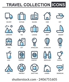 icon set travel.filled line style.about box cars, equipment, cities, hotels, accommodation, ships, mountains, taxis, passports, travel, hot air balloons, drinks, tents, security, diving. editable stro