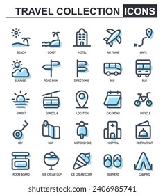 icon set travel.filled line style.contain beach,Coast,hotel,airplane,resort,map,sunrise,tent,ice cream,bus,direction,sunset,gondola,calendar,date,bicycle.editable stroke vector.