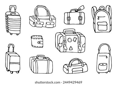 Icon set of traveling luggage hand drawn vector doodles in line style. Collection icons of various travel bags of different shapes and styles for trips. Line contour  in sketch style.