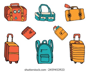 Conjunto de iconos de equipaje de viaje dibujado a mano garabatos de Vector en estilo plano. Iconos de colección de varias maletas de viaje de diferentes Formas y estilos para viajes.