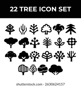 icon set - tree silhouettes of various trees on white background