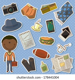 Icon set with trendy African-American man and male things 