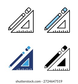 Conjunto de iconos triángulo herramienta de medición de Regla, lápiz y borrador. Línea de icono, glifo y plano con color azul aislado fondo blanco.
