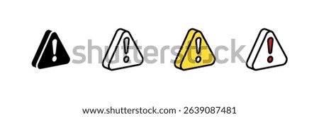 Icon set of triangular alert symbols with exclamation marks. includes color, outline, filled styles.