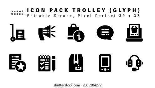 Icon Set of Trolley Glyph Icons. Contains such Icons as Online Shopping, Favorite Document,  Mark List, Delivery Package etc. Editable Stroke. 32 x 32 Pixel Perfect