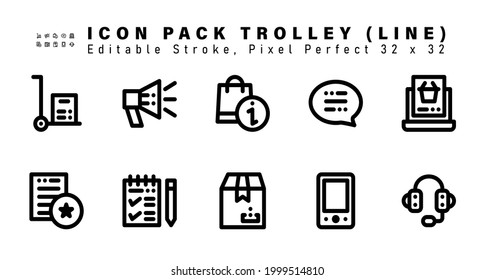 Icon Set of Trolley Line Icons. Contains such Icons as Online Shopping, Favorite Document, Mark List, Delivery Package etc. Editable Stroke. 32 x 32 Pixel Perfect