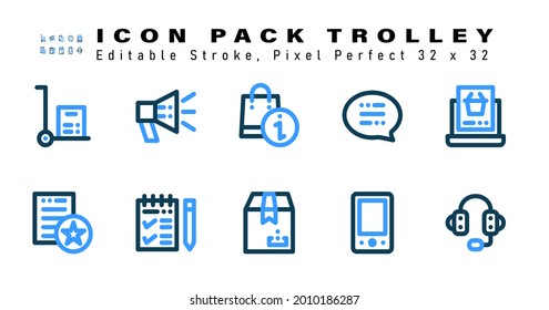Icon Set of Trolley Two Color Icons. Contains such Icons as Online Shopping, Favorite Document, Mark List, Delivery Package etc. Editable Stroke. 32 x 32 Pixel Perfect
