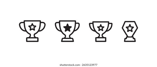 Icon set of trophy and award cup designs with star emblem.
