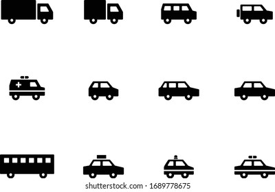 Icon set of truck, automobile, ambulance, police car, bus etc.