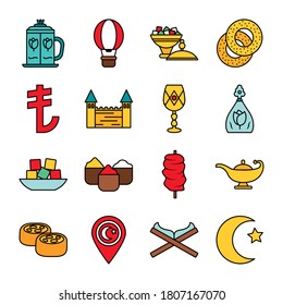 conjunto de iconos de pavo y lámpara mágica sobre fondo blanco, estilo de línea y relleno, ilustración vectorial