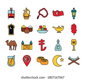 icon set of turkey country and turkish tramway over white background, line and fill style, vector illustration