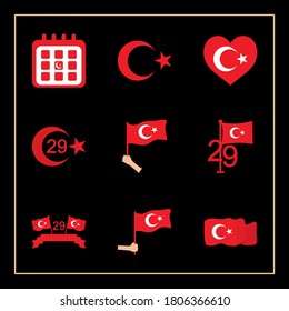 conjunto de iconos de las banderas de turquía y república de pavo sobre fondo negro, estilo plano, ilustración vectorial