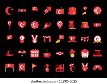 icon set of turkey republic day over black background, flat style, vector illustration