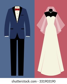 Icon set: tuxedo, wedding dress, veil and jewelry (necklace). Flat vector just married couple: groom and bride. Background with isolated elements for design of invitation card for marriage ceremony.