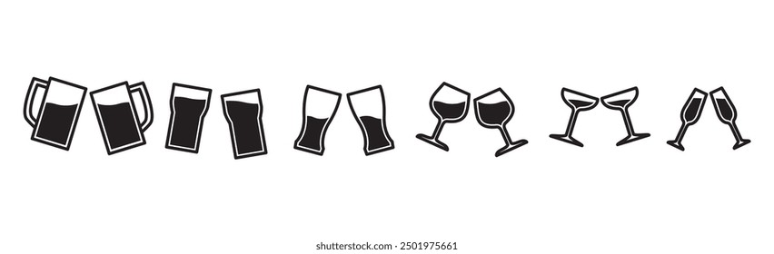 Icon set of Two glasses in a toast, Drink toast, Toast with wine glasses. Clinking glasses icon. Several champagne icons, Vector illustration isolated on transparent background. Eps10 