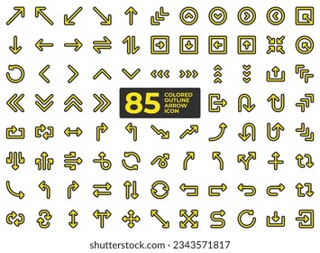 icon set of two-line arrow symbol, yellow and black in pixel perfect for directions and user interface as well as for traffic signs. This includes forward, back, turn, reverse, rewind, up and down.