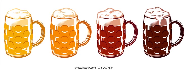 Icon set of types of beer for Oktoberfest in dimpled glass mugs. Light, pilsner, wheat, white, lager, ale, cold, red, marzen, pale, bock, brown, porter, dark, stout. Vector hand drawn illustration