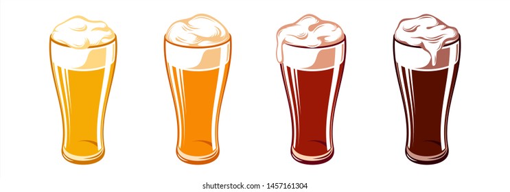 Icon set of types of beer for Oktoberfest in weizen glass mugs. Light, pilsner, wheat, white, lager, ale, cold, red, marzen, pale, bock, brown, porter, dark, stout. Vector hand drawn illustration