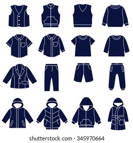 Icon set of types of clothes for boys and teenagers / There are all season casual clothes for boys and teenagers
