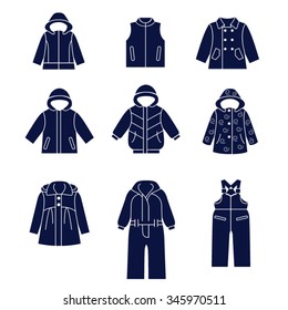 Icon set of types of winter clothes for children / There are winter jackets and clothes for skiing
