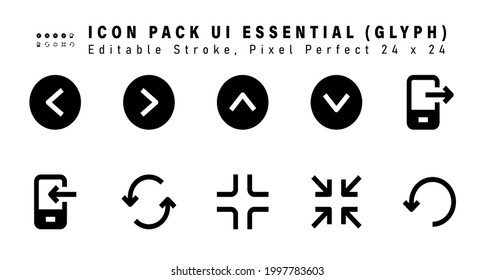 Icon Set of Ui Essential Glyph Icons. Contains such Icons as Phone, Call, Arrow, Minimize etc. Editable Stroke. 24 x 24 Pixel Perfect