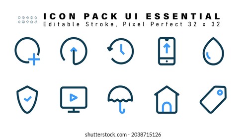 Icon Set of Ui Essential Two Color Icons. Contains such Icons as Water, Secured, Computer Video, Protection etc. Editable Stroke. 32 x 32 Pixel Perfect