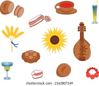 Icon set. Ukraine. Ukrainian. Ukrainian traditional symbols and food. Simple icon set