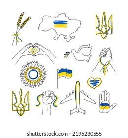 Icon set Ukrainian national symbols map, wheat, emblem, trident, dove of peace, flag, sunflower, heart, Mriya plane, hands with ribbons. Editable line and spot.