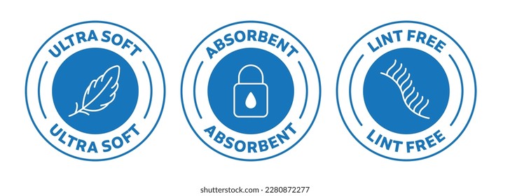 icon set of Ultra soft, Absorbent, and Lint free. Rounded outlined vector icons in blue color.